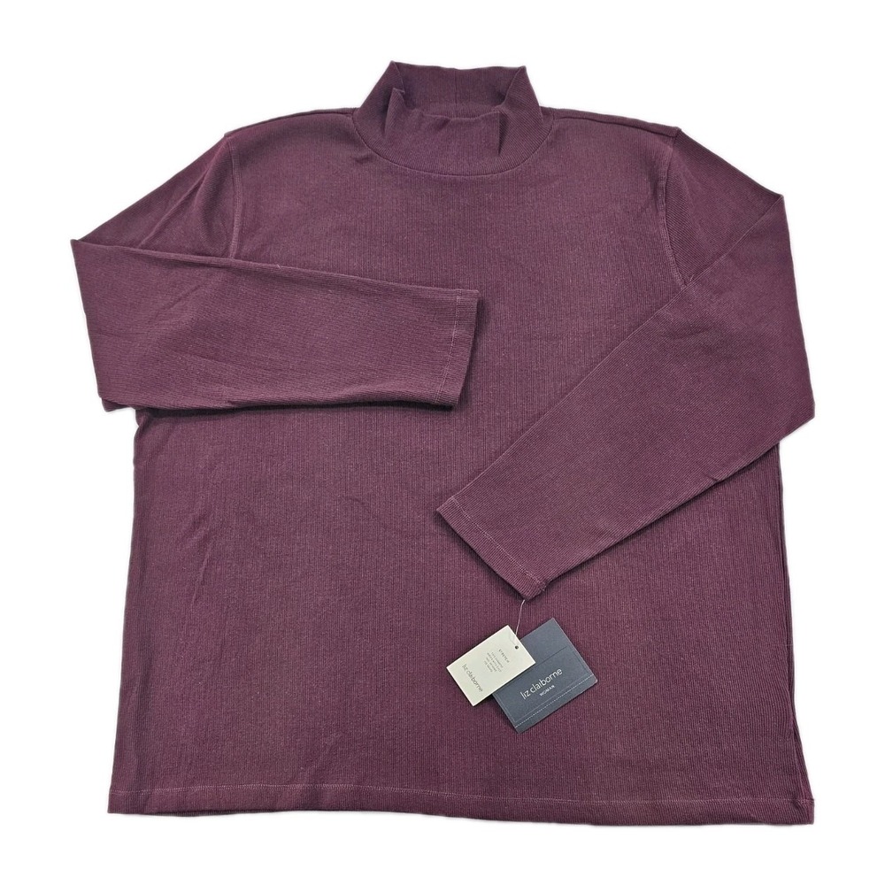 Liz Claiborne Womens Blouse 1X XL Burgundy Red Ribbed Knit Mock Neck Top Stretch